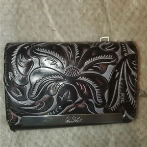 👛PATRICIA NASH Black Scroll Wallet Leather Trifold - B